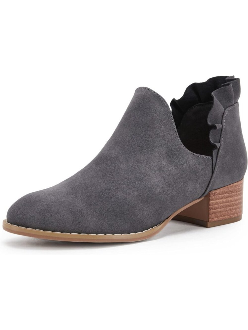 Women's Grey Ruffled Ankle Boots V Cut Out Pointed Toe Low Heel Western Booties